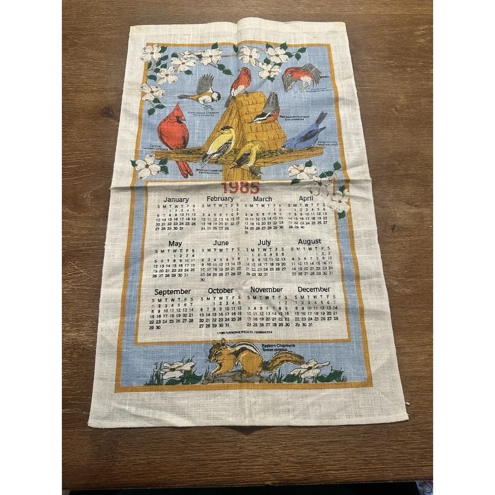 Vintage 1985 Printed Cloth Hanging Wall Calendar Tea Towel Birds Flowers